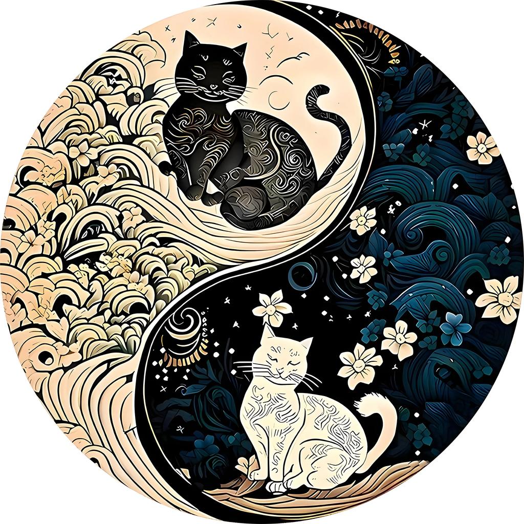 Yin Yang Cat Circular Carpet with Anti Slip Backing Flannel Carpet Machine Washable for Living Room Lightweight Home Decor