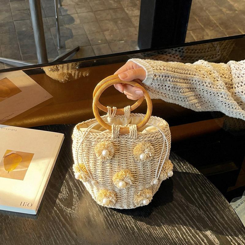 Ladies' Handbag Small Fresh Three-dimensional Flower Pearl Decoration Ring Hand-held Basket Style Women's Handbag Beach Vacation Style Woven Bag