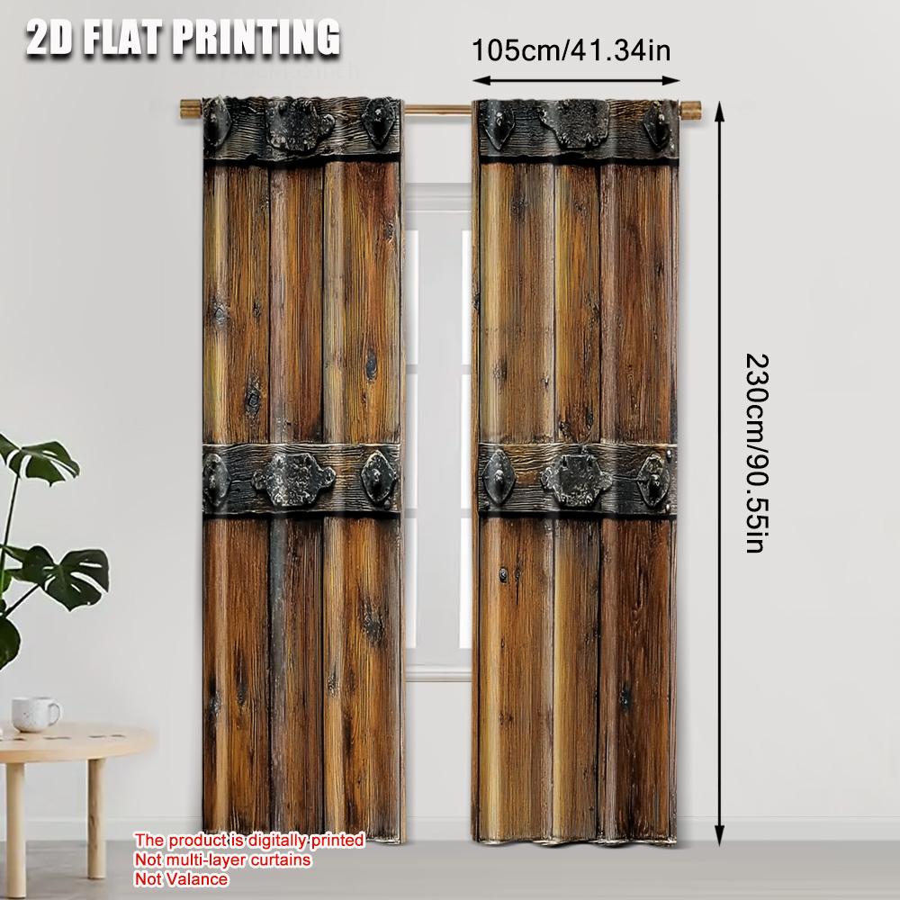 Set Of 2 Vintage Curtain Popular Plane Printing Barn Wooden Door Wood Textured Background Fabric Without Rod With Thermal Polyester