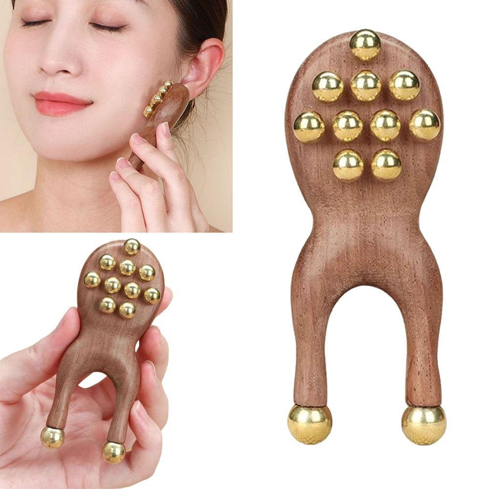 12 Copper Beads Guasha Face Massager Tool Wooden Handle Fascia Lifting Face Manual Massager Frog Shape Handheld
