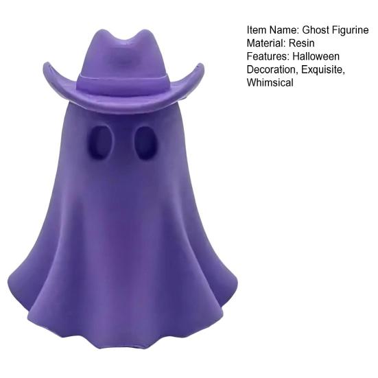 Halloween Cowboy Ghost Figurine Cute Ghost Statue Wearing Cowboy Hat Resin Tabletop Ornament for Home Living Room Bedroom Decor