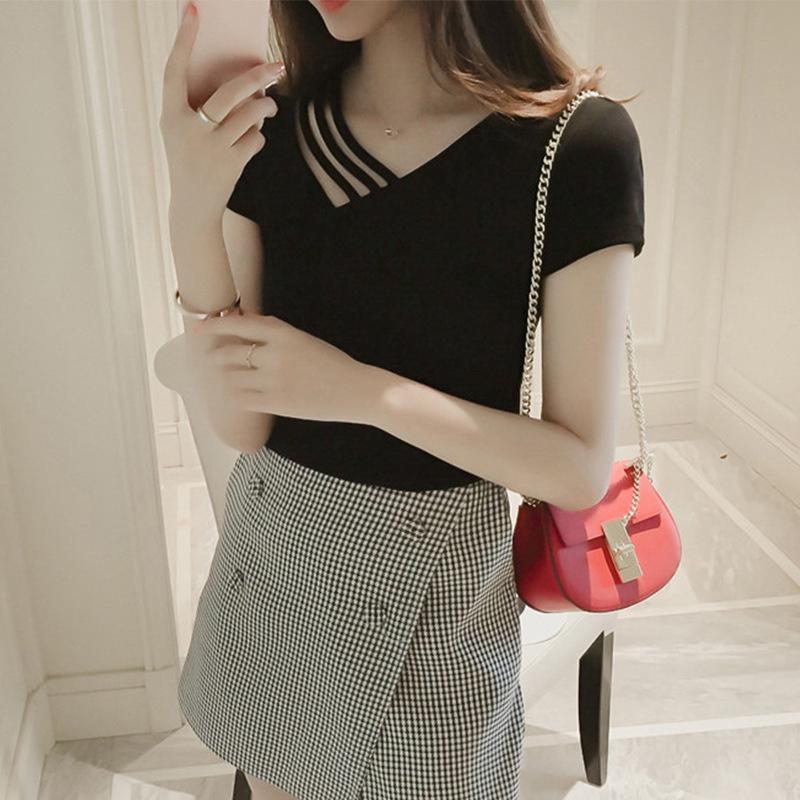 Summer Korean Version Slimming Short Sleeved Solid Color Base Shirt V-neck Shoulder Slip T-shirt Fashion Women's Clothing