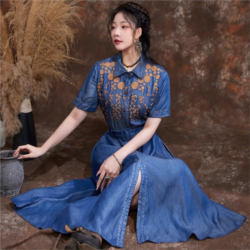 Johnature Vintage Embroidery Lapel Cowboy Dress Summer Autumn Women Fashion Single Breasted Short Sleeves Dress