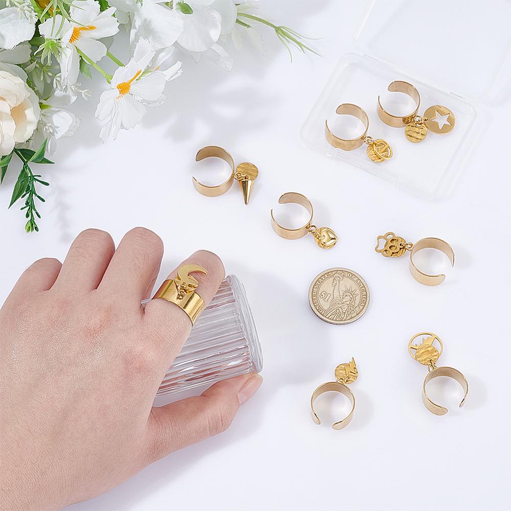 304 Stainless Steel Open Cuff Rings, with Stainless Steel Pendants, Mixed Shapes, 30~38mm, 8pcs/set