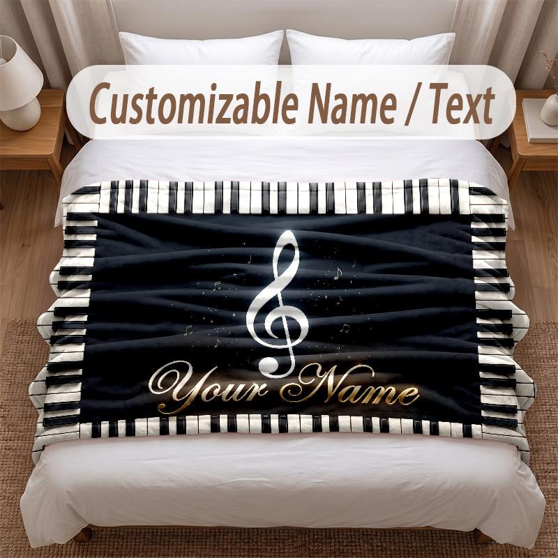 Music Piano Theme Soft Blanket Personalized Custom Name Text Print Warm Blanket Home Sofa Bedroom Decor