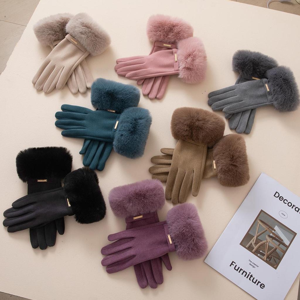 Damen Samt Kunstkaninchenfell Touchscreen Fahrradhandschuhe - Winddicht, Warm, Fleecegefüttert für Herbst & Winter