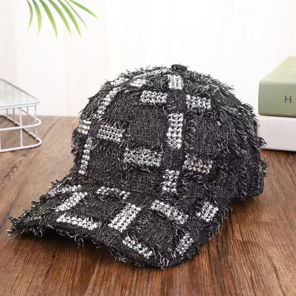 Vintage Distressed Frayed Denim Baseball Cap, Plaid Rhinestone Bling Hat, Y2K Hip Hop Streetwear For Women, Casual Sun Hat
