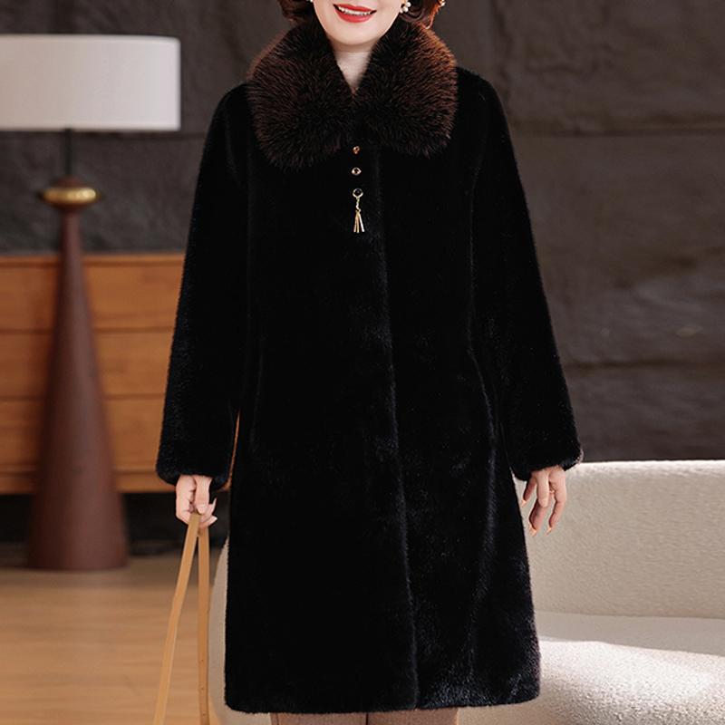 Zimní dlouhý kabát z umělé kožešiny pro ženy Hřejivý hustý luxusní svrchník Elegantní bunda z kožešiny pro ženu středního věku