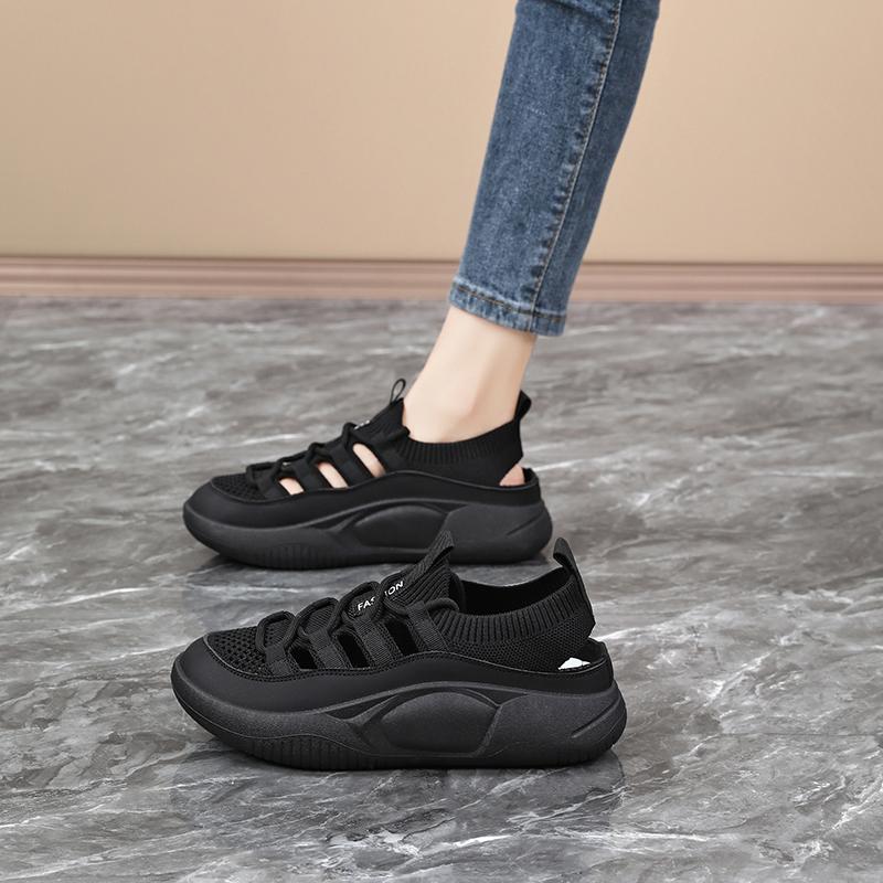 

Женские спортивные сандалии, летние бежевые школьные кроссовки для бега, повседневные черные кроссовки для ходьбы, дышащие носки, обувь большого размера 38 чёрный