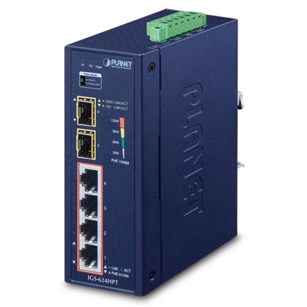 

PoE SFP Ethernet-комутатор до 75 градусів []IGS-624HPT_Промисловий 4-портовий 10/100/1000T 802.3at +2-портовий 100/1000X (-40 С) чорний