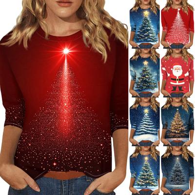3/4 Sleeve Shirts For Women Print Tees Blouses Casual Plus Size Basic Tops Pullover