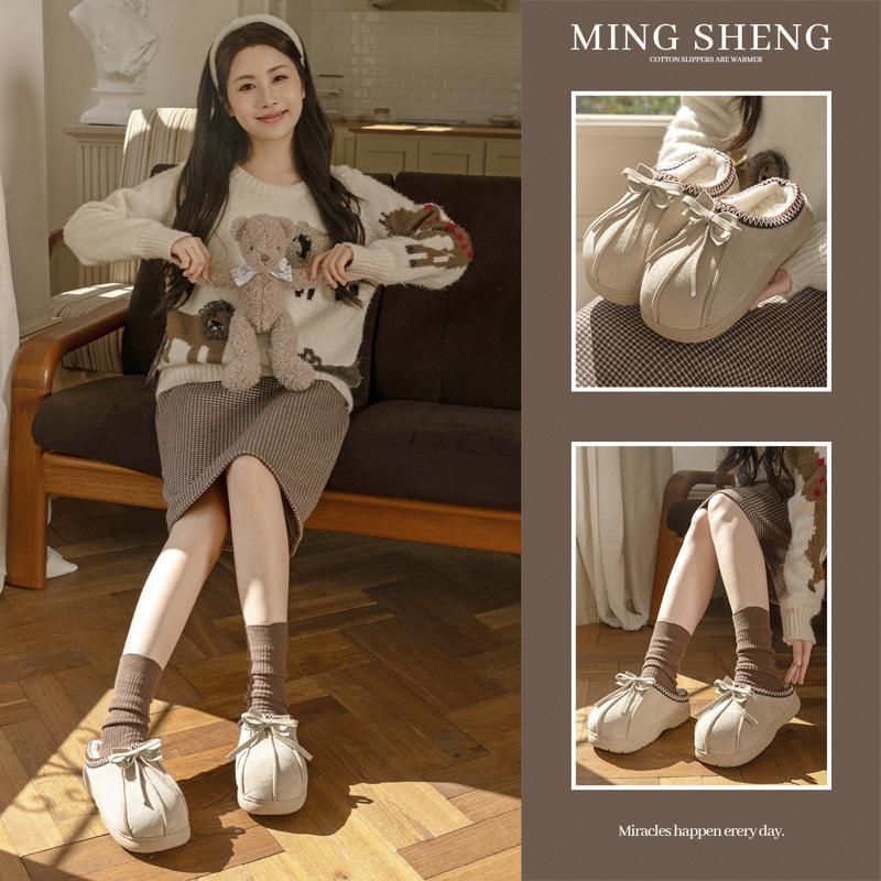 Cotton slippers autumn and winter 2025 new bow warm indoor leisure winter non-slip and wear-resistant cotton shoes