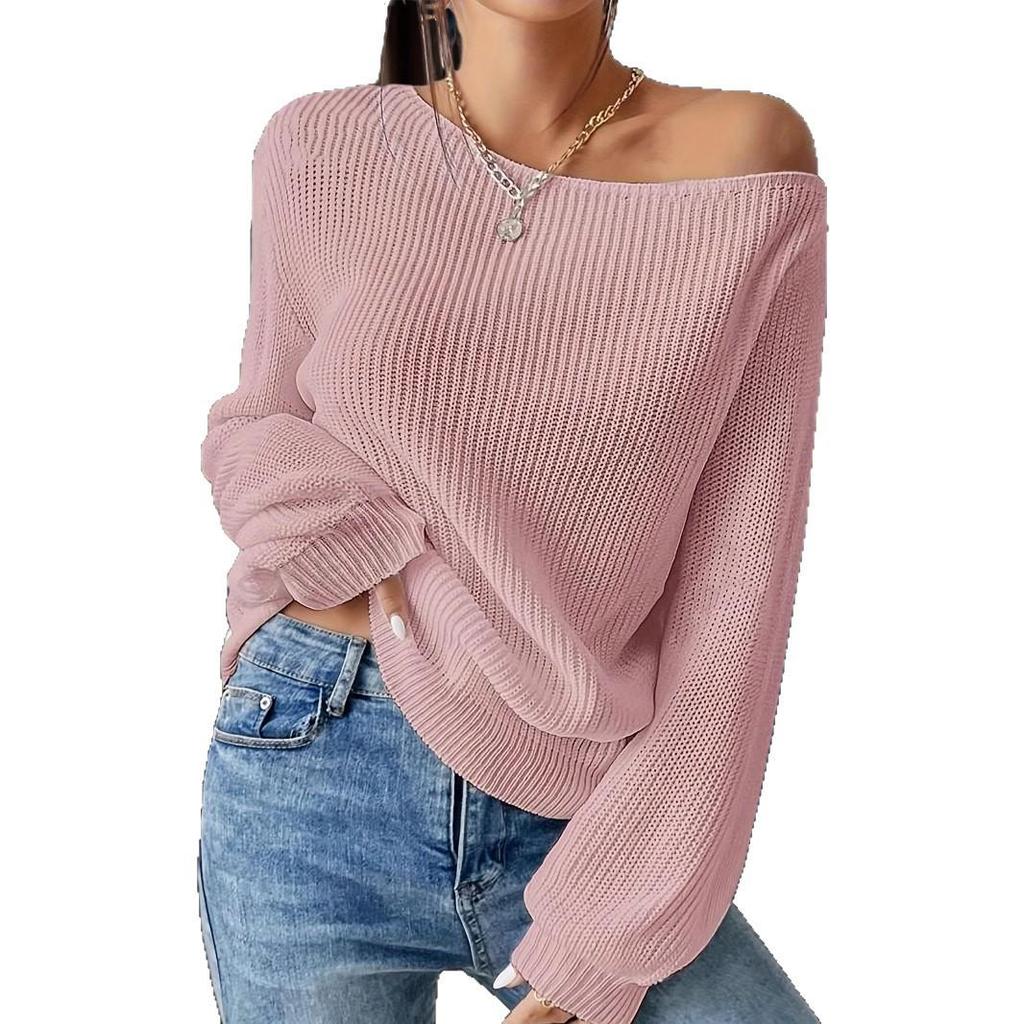 Autumn/Winter Off-Shoulder Knit Sweater - Loose Fit, Pure Color, Casual Style