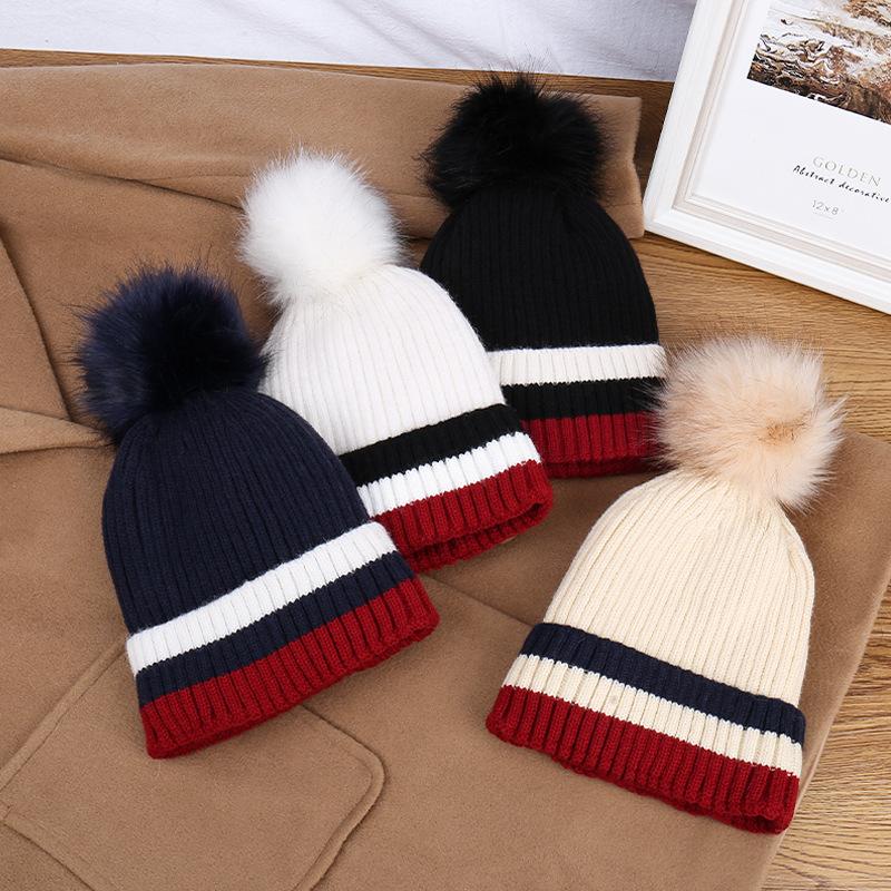 Fashionable Autumn/Winter Pom-Pom Striped Decorative Versatile Knit Hat, Warm And Comfortable, Stylish Casual Wool Beanie