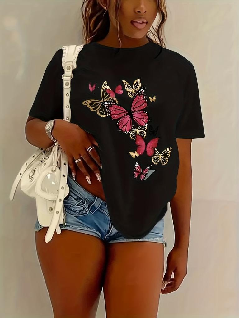 Fashionable Printed Women's T-shirtCasual T-shirt Women's Plus Butterfly Print Short Sleeve Round Neck  Design In Vibrant Colors