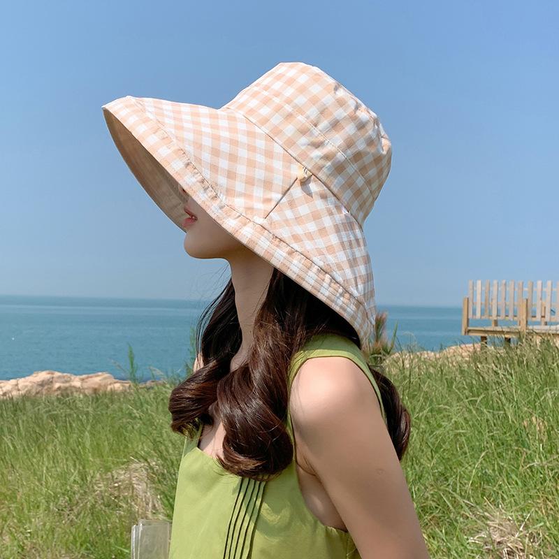 Fashion Sun Hat Female Models Can Be Folded Summer Large Brim Sunscreen Sun Hat To Cover The Face Plaid Fisherman Hat Sub