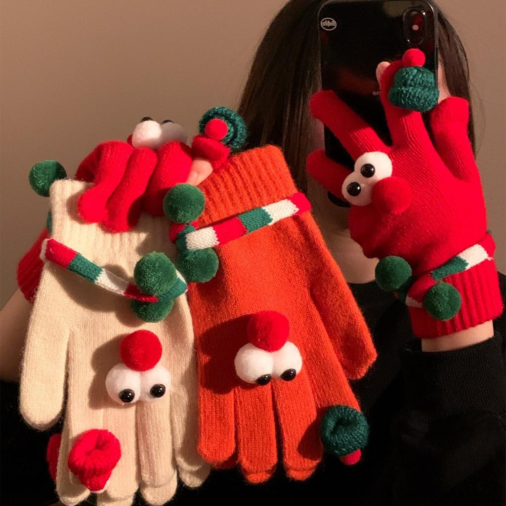 Funny and Cute Red Christmas Tree Big Eyed Gloves for Women In Winter Knitted Plush Warm Five Finger Windproof and Cold Proof