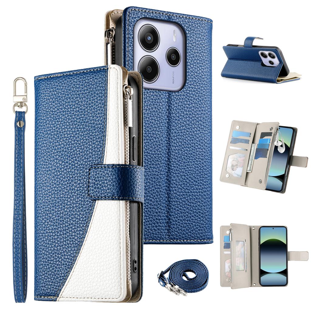 For Xiaomi Redmi Note 14 5G Case Zipper Wallet Color Splicing Leather Flip Phone Cover with Straps
