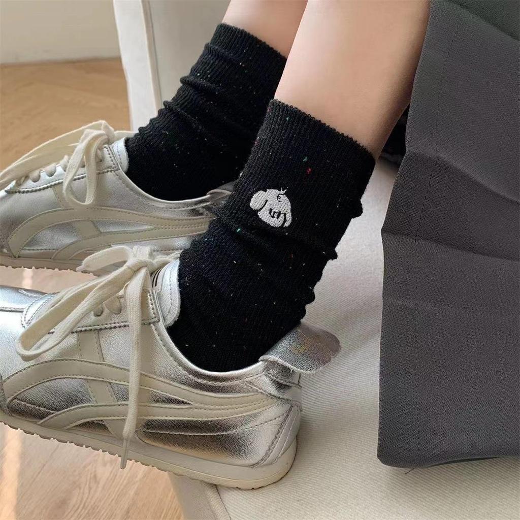 Cute Cartoon Embroidery Mid-Calf Ruffle Socks for Women - Cotton Casual Spring/Autumn Wear