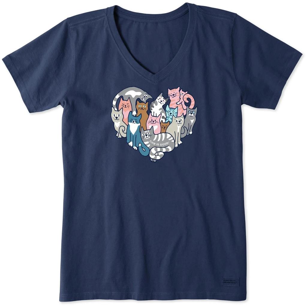 Life Is Good. Women's Heart of Cats Short Sleeve Crusher Vee, Darkest Blue