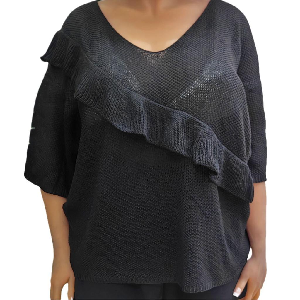 חולצות טי שירט לנשים קיץ במידות גדולות סלסולים שחבור חולצה ארוגה סוודר סריג משוחרר חולצות עם שרוולים קצרים