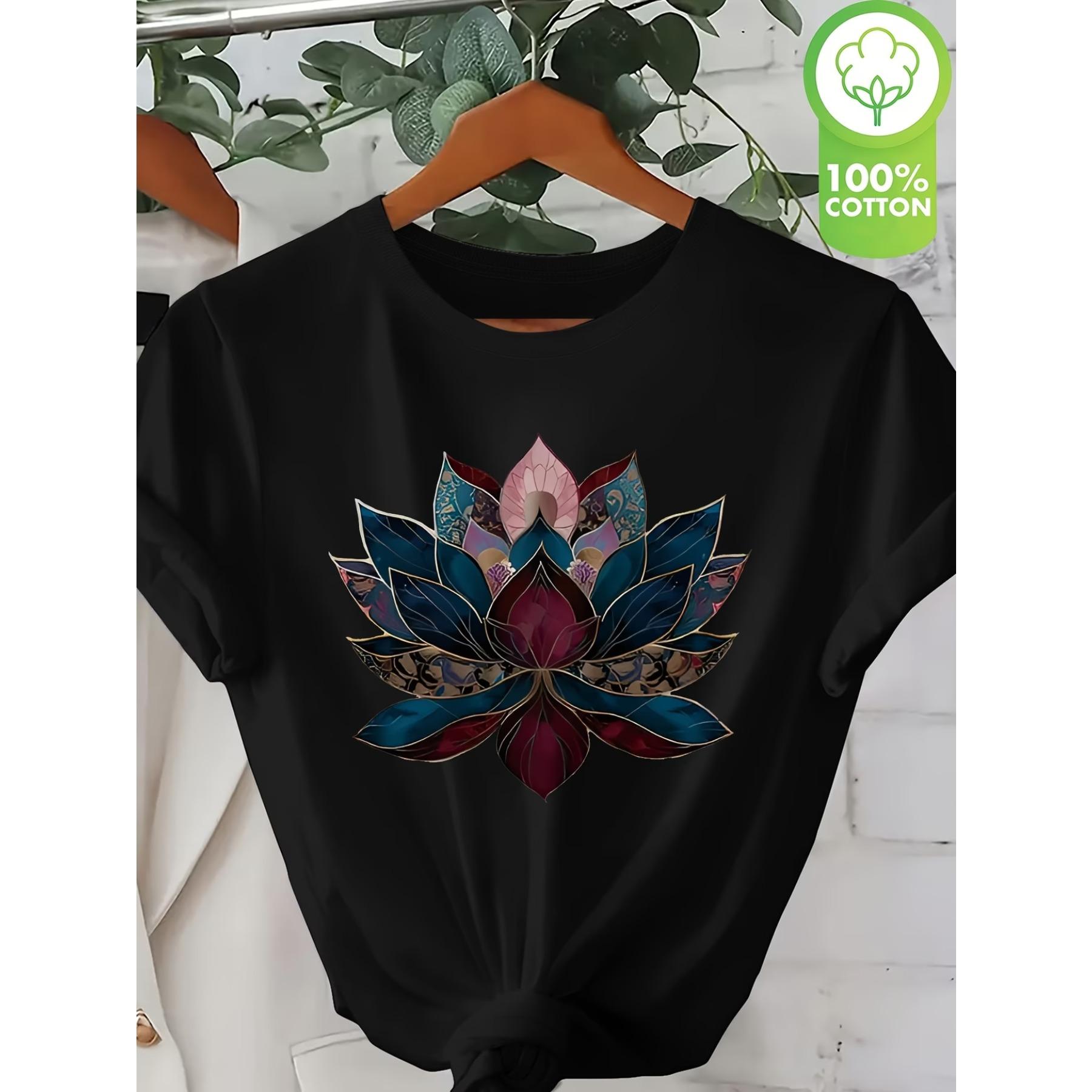 

Women s Casual Short Sleeve T-Shirt - Soft Round Neck Top with Vibrant for Lotus Flower Applique Design XXL