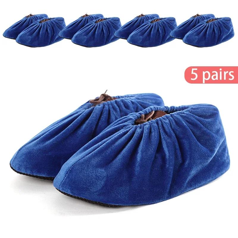 5 Pairs Thicken Plush Shoe Covers Reusable Anti-slip Soles Durable Wear-resistant Covers Foot for Indoor Outdoor Shoe