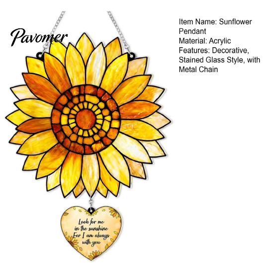 Stained Glass Style Decor Sunflower Pendant, Floral Wall Hanging Art with Metal Theme Party Gift Chain, Acrylic Ornament for Home Garden Window Porch