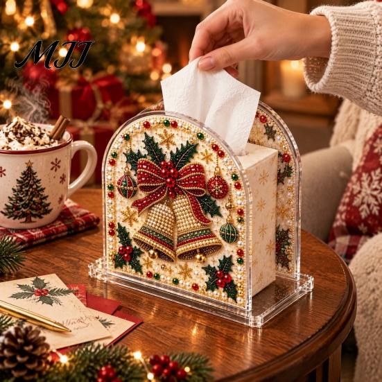 Acrylic Tissue Holder DIY Christmas Faux Pearl Art Painting Box Holder, 3D Rhinestone Beads Creative Resin Gem for Winter Xmas Holiday Tabletop Decor