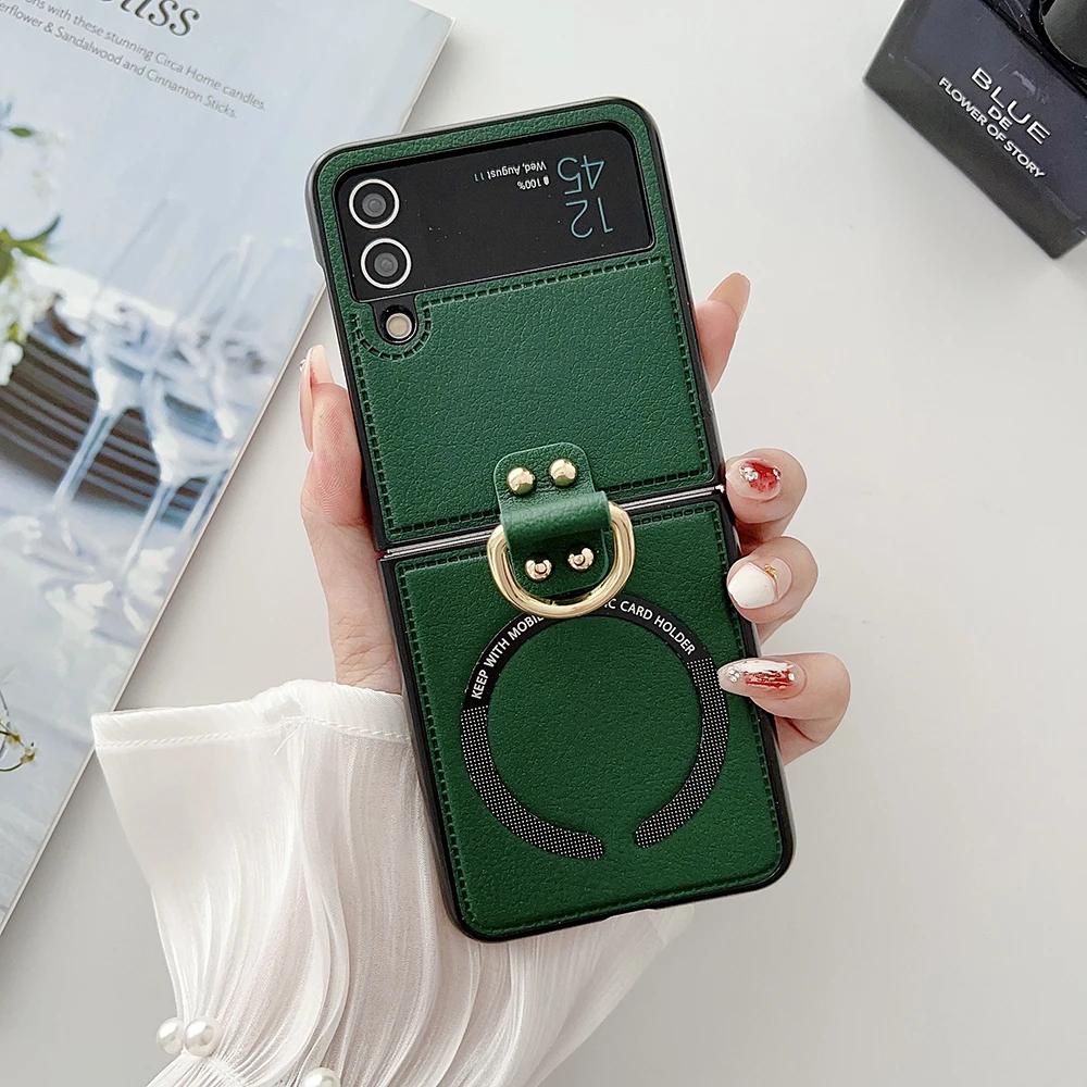 PU Leather Phone Cover for Samsung Galaxy Z Flip 7 FE 6 5 4 3 Case with Ring Holder for Magsafe Magnetic Wireless Charge Flip6