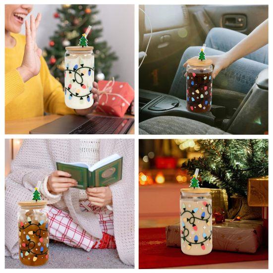 Color Changing Christmas Glass Cup with Lid Straw Brush Reusable Glass Iced Coffee Cup Cute Xmas Party Decorations for Mom Her