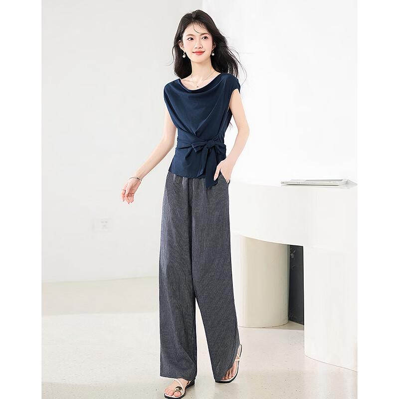 Women's Elegant Tie-Sleeve Top & Striped Pants Set