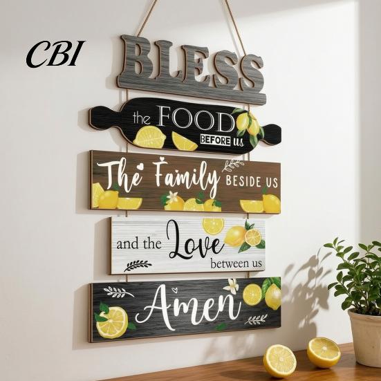Solid Wood Bless Sign Wooden Kitchen Wall Decor, 5 Panel Food Family Love Plaque with Rope Hanging Sign, Farmhouse Art for Dining Room Living Pastoral