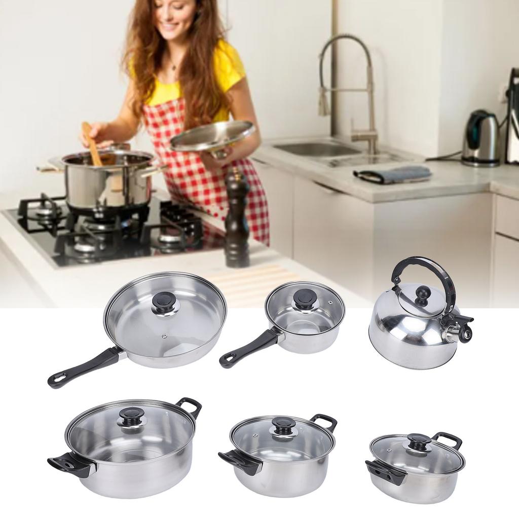 Cookware Set Stainless Steel Kitchen Pots and Pans Set with Tea Kettle Glass Lids for Cooking Frying Boiling Stewing