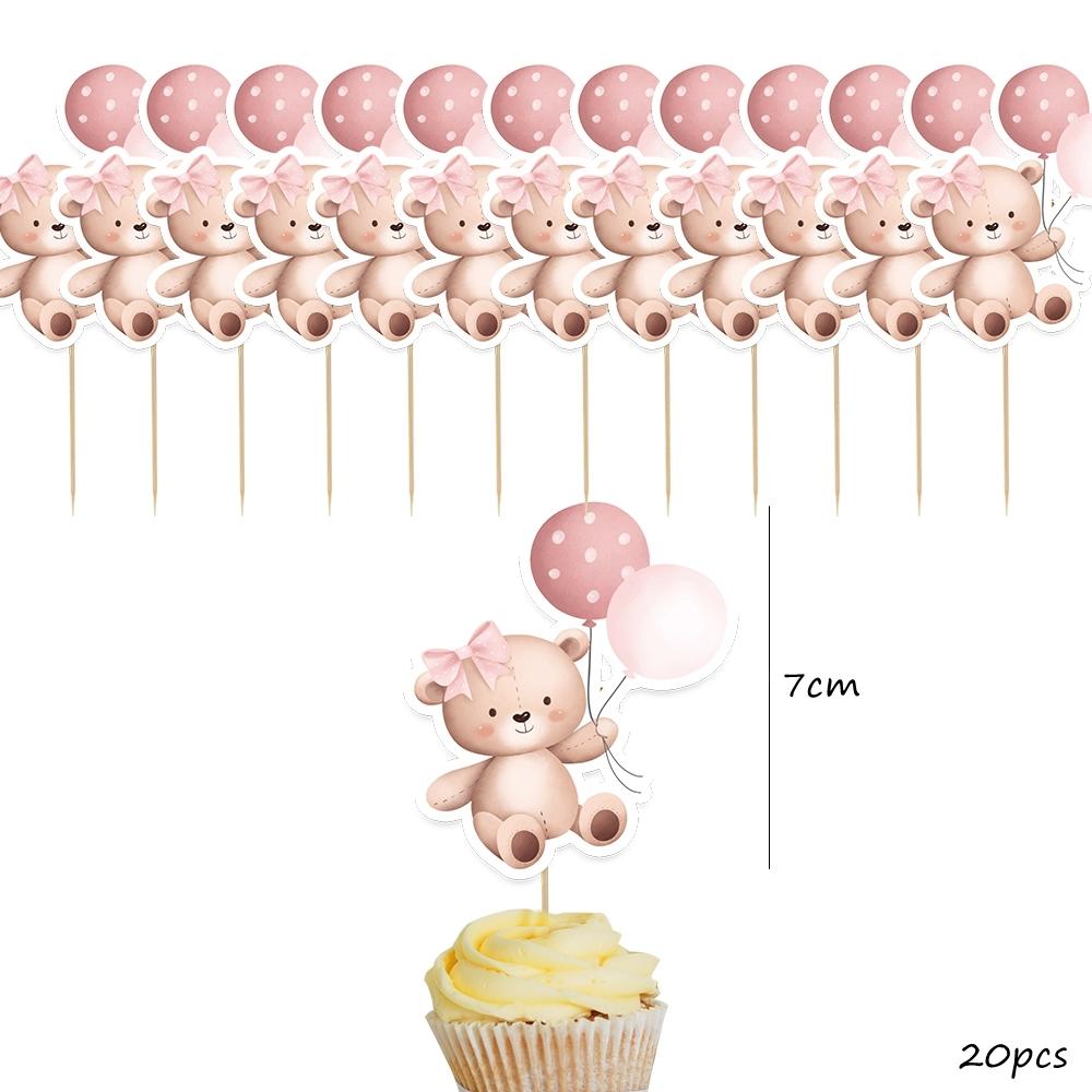 20pcs Balloon Bear Toppers Carton Cupcake Topper for Kids Baby Shower Bear Happy Birthday Party Decorations DIY Cake Supplies