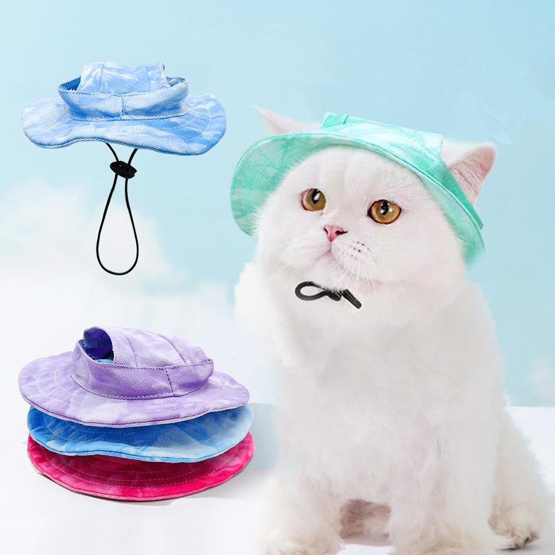 Tie Dye Pet Hat With Ear Hole Round Brim Dog Puppy Cat Sun Hat Bucket Hat Pet Decorative Accessories