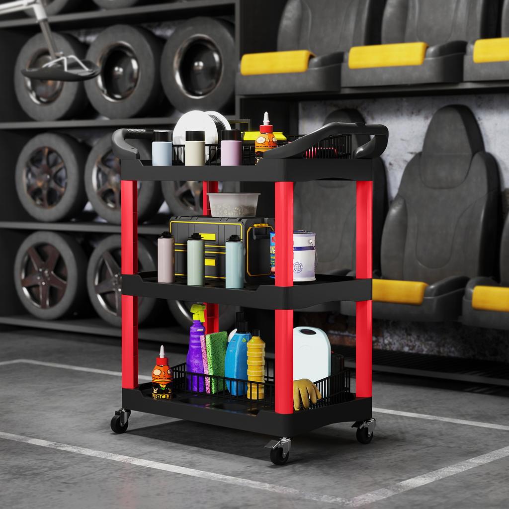 3-Tier Rolling Tool Cart, Tool Trolley On Wheels, Plastic Mobile Service Utility Cart with Handles for Garage, Mechanics and Warehouse, 91kg Capacity