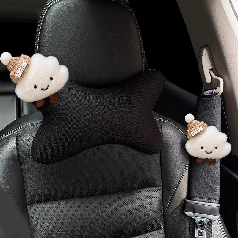 Four Seasons Ice Silk Car Neck Pillow Cute Cartoon Bow Cloud Auto Headrest Bone-Shaped Interior Accessories Seat Cushion
