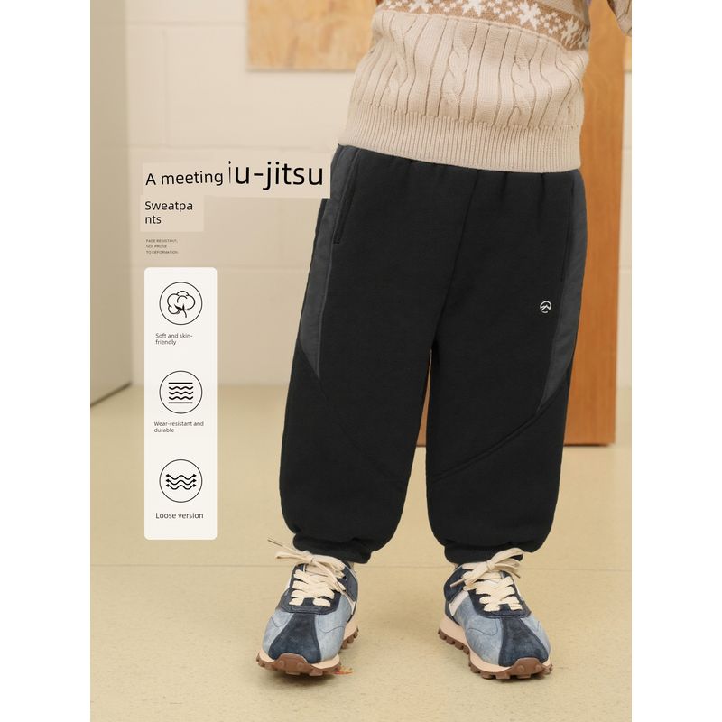 Boys' Mountain-Style Patchwork Fleece-Lined Sports Pants, Casual Thickened Sweatpants, Children's Winter Clothing, Trendy Children's Wear U16781