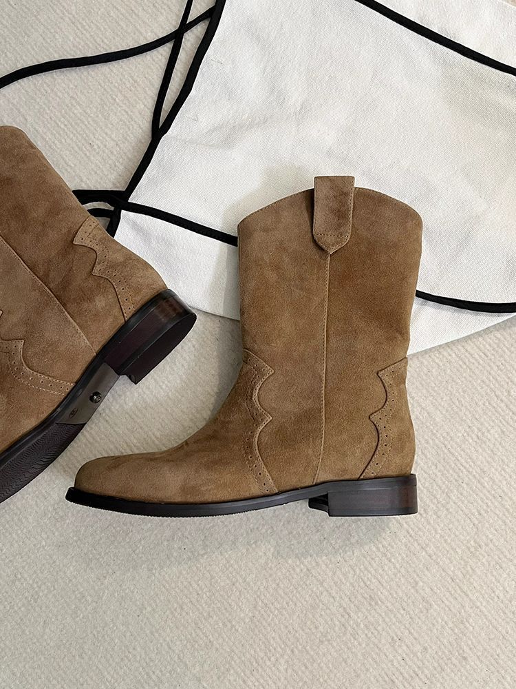 Frosted western cowboy boots medium boots 2025 autumn and winter new French Maillard retro brown low-heeled short boots women