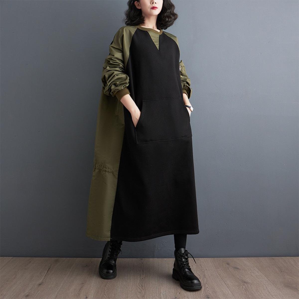 

Pleated Long Sleeve Design Contrast Color Dress Loose Patchwork Casual Women Black Dresses Autumn New Fashion One Size армія зелений колір