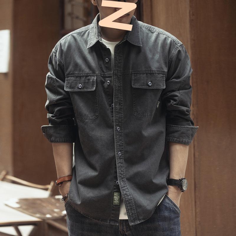 Men s Vintage Tooling Long Sleeve Shirt Jacket Loose Hunting Denim Shirt Jacket M