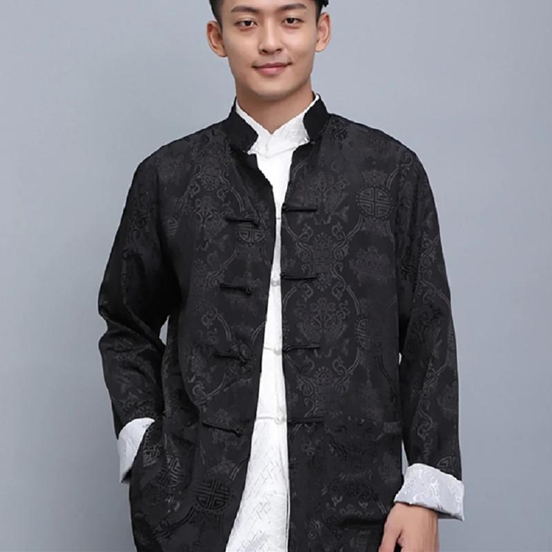 Men Chinese Style Satin Silk Tang Suit Jacket Double Faced Long Sleeve Kung Fu Coat Hanfu Clothing Jackets Size S-3XL