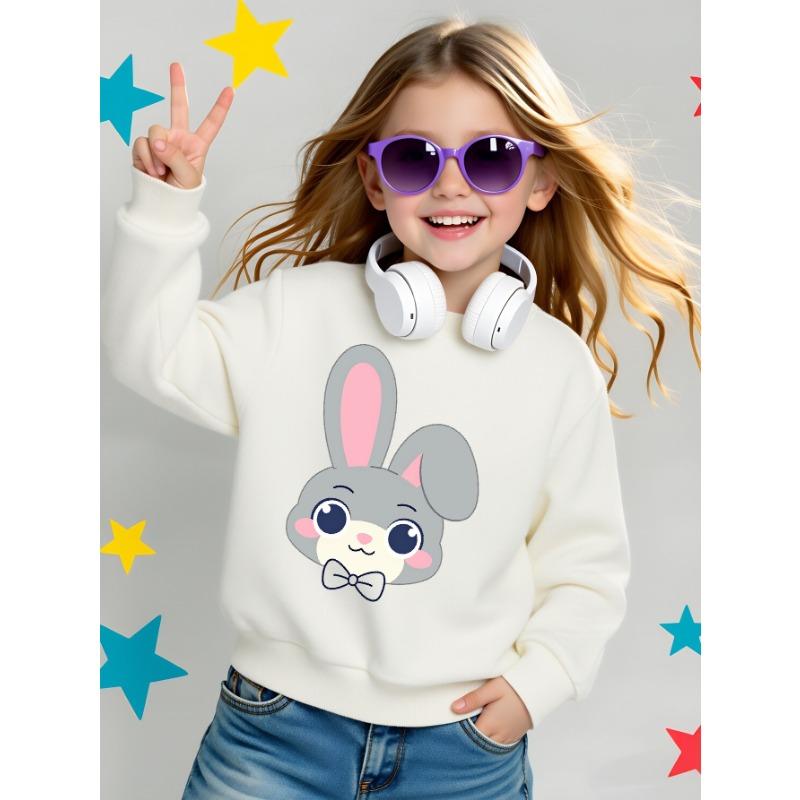 European sizes Girls' Round Neck Sweatshirt, Casual Printed Pullover, Cute Gray Bunny with Bow Tie, Autumn And Winter Warm Fashion Top.