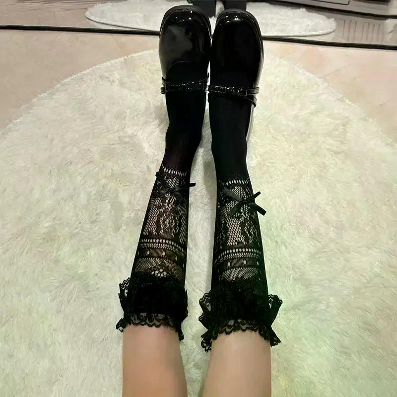 Slouch Socks Ballet Bow Mid Calf Lace Women Thin Hollow Out Summer Breathable Soft Socks for School Date and Fitness