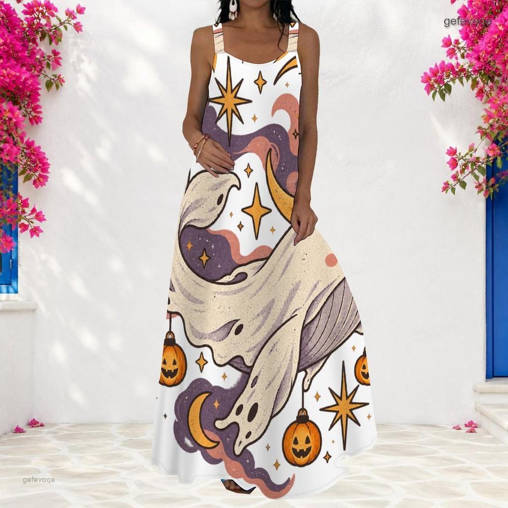 Women Plus Size Scoop Neck Strappy Sleeveless Halloween Ghost Pumpkin Printed White A Line Long Dress
