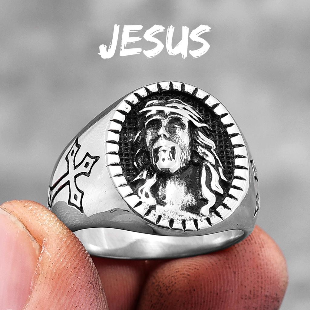 Gud Jesus Religion Kors Rostfritt Stål Herrringar Trendig Punk Amulett för Manlig Pojkvän Smycken Kreativitet Gåva
