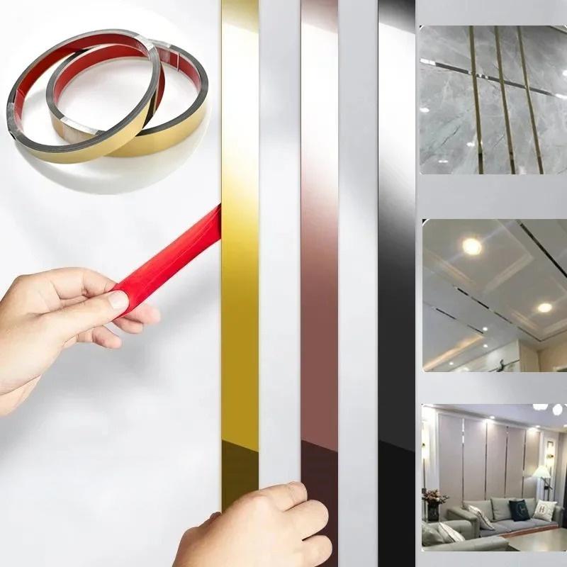 1pc 5m/196.85in Mirror Wall Sticker Stainless Steel Mirror Wall Moulding Trim Wall Ceiling Edge Strip Flat Decor Lines Living