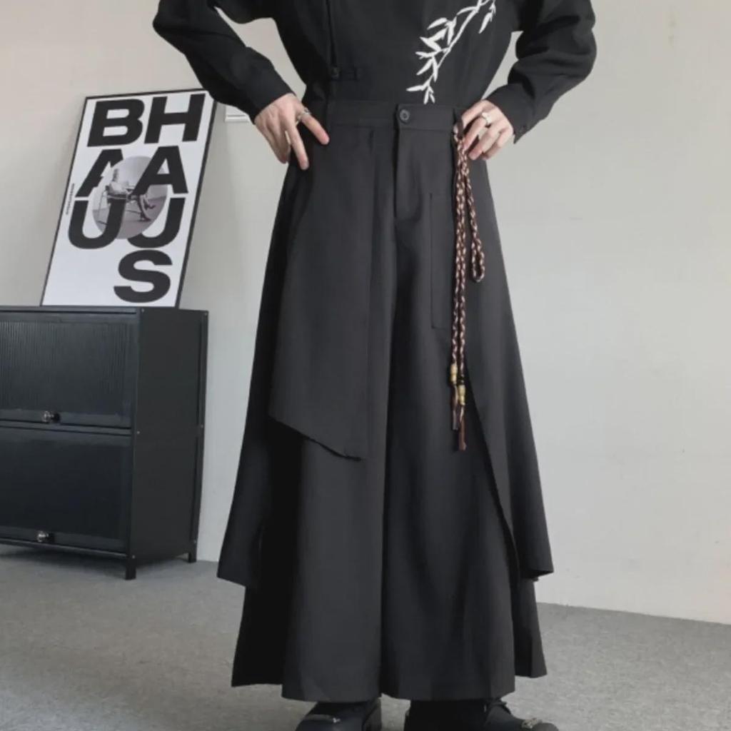 Men's Spring & Autumn Chinese-Style Wide-Leg Skirt Pants with Yamamoto Yohji Kendo Samurai Influence