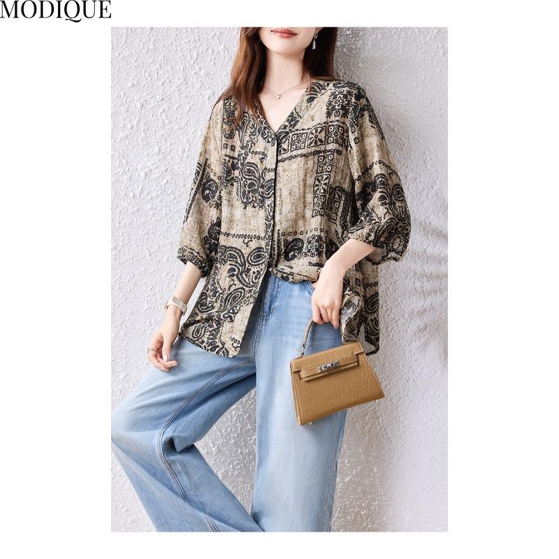 MODIQUE Spring Summer Plus Size New Women Loose Vintage Print Blouse Shirts Female Casual Folk Oversize Short Sleeve V-Neck Top